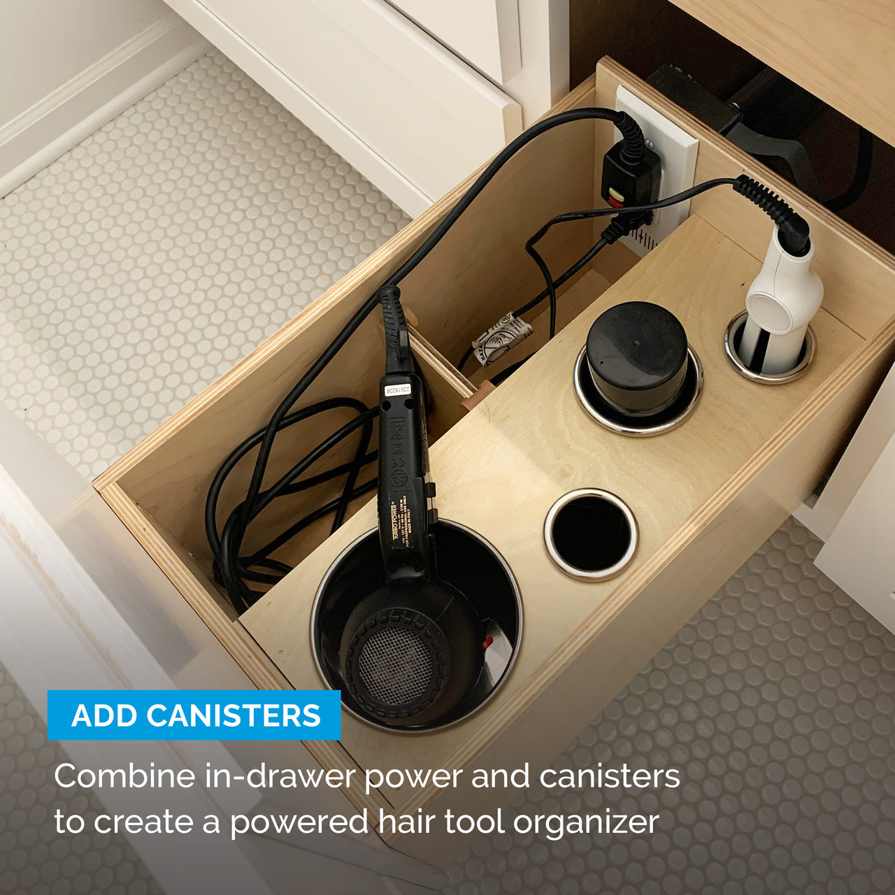 15 amp Blade In drawer Outlet with devices connected on Canisters.