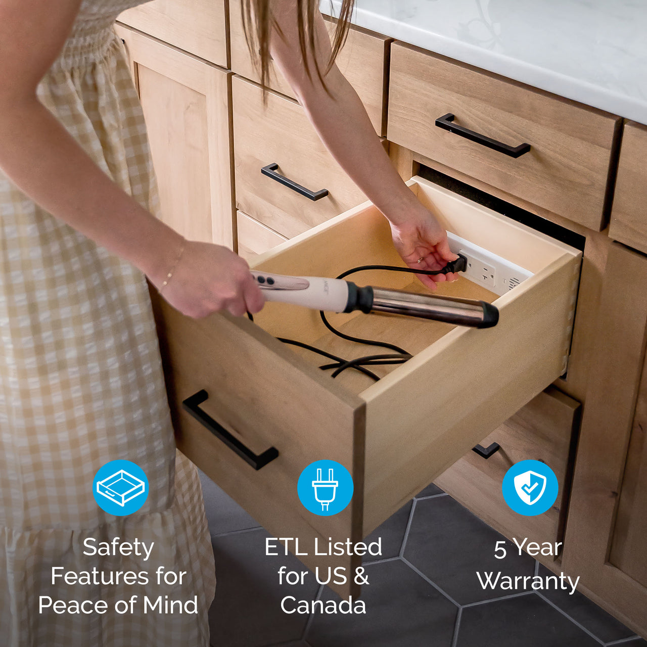 powered bathroom drawers with safety features for peace of mind