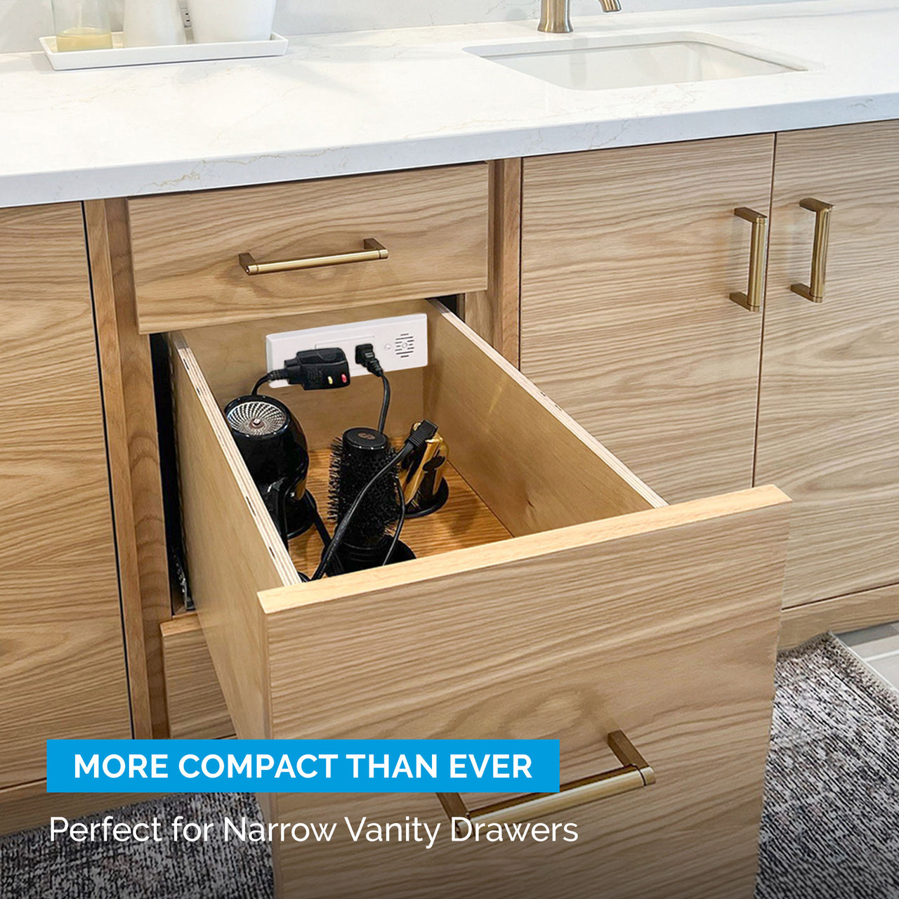 in-drawer outlets perfect for narrow vanity drawers