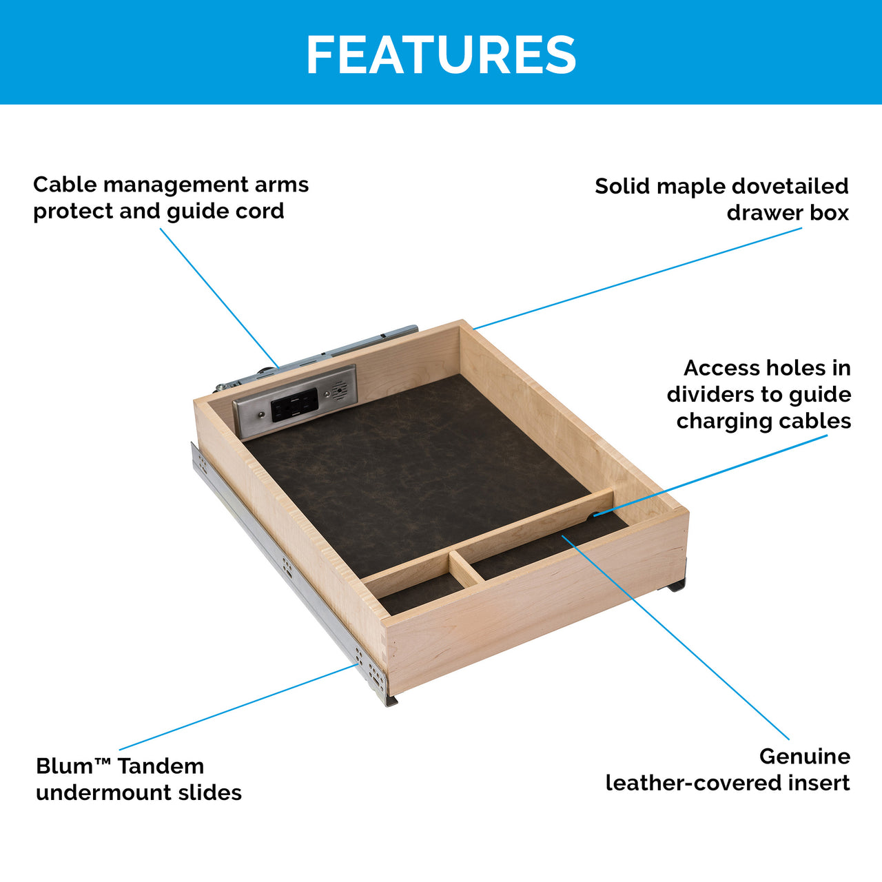 Preconfigured Charging Drawer for Frameless Cabinets – Docking Drawer