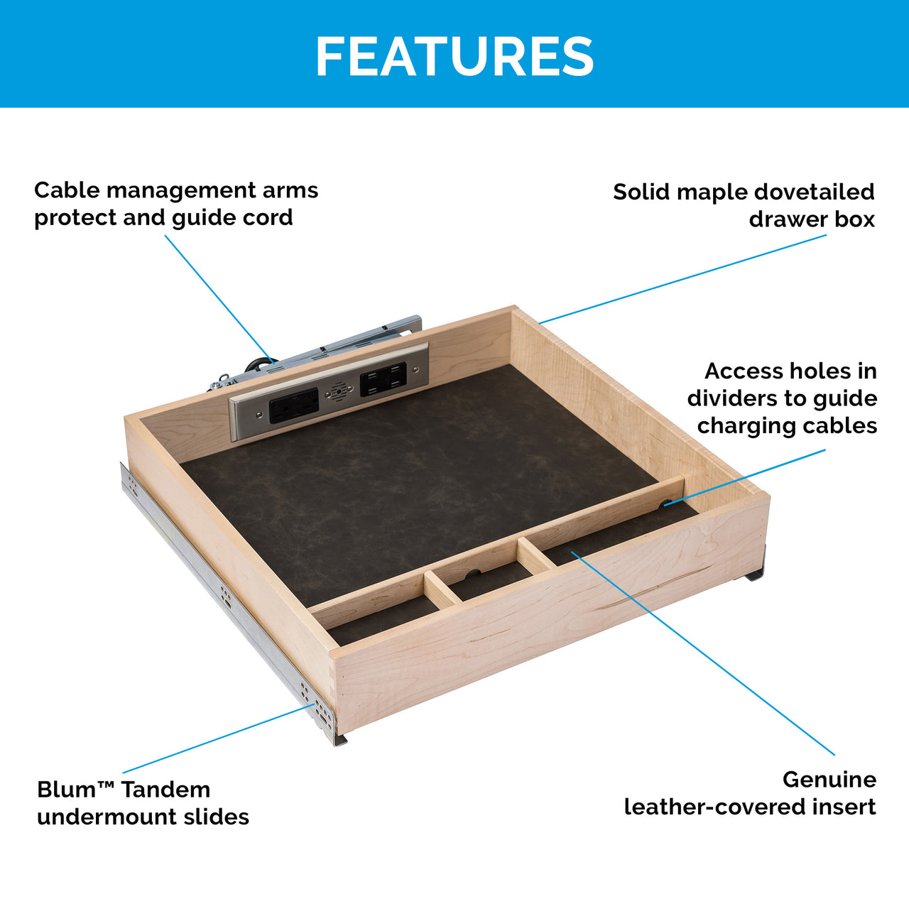 Preconfigured Charging Drawer for Frameless Cabinets