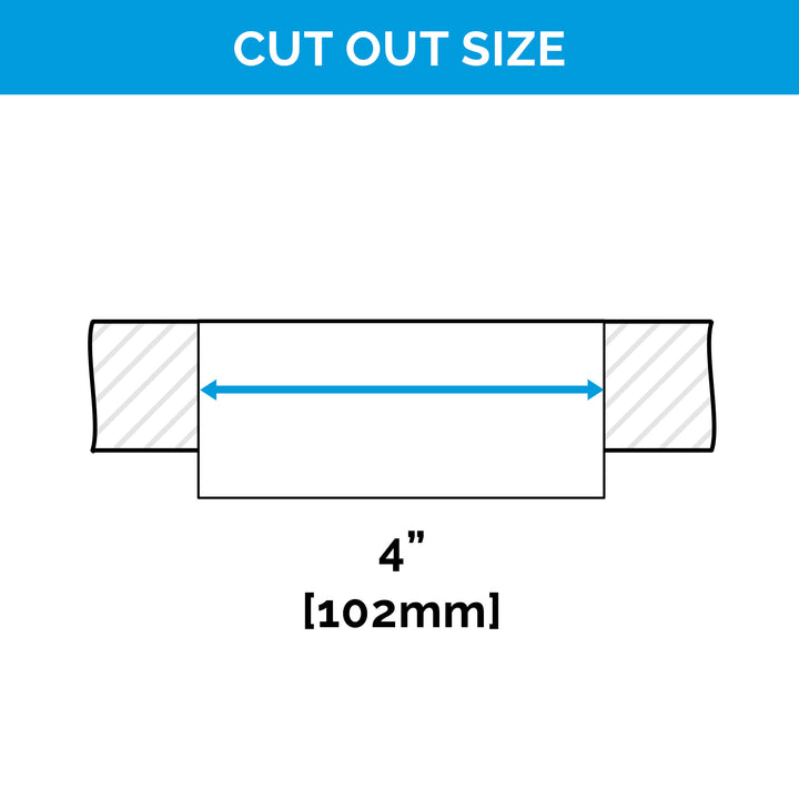 Cutout diagram for the Point Pod outlet, showing a required cutout size of 4 inches (102mm) for installation