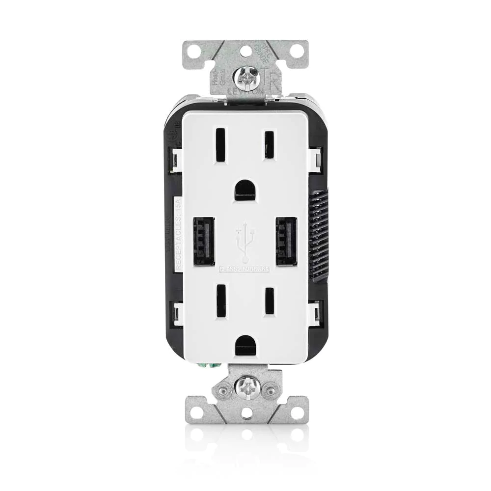 Leviton T5632 Dual USB-A In-Wall Charger with 15 Amp Tamper-Resistant Outlet