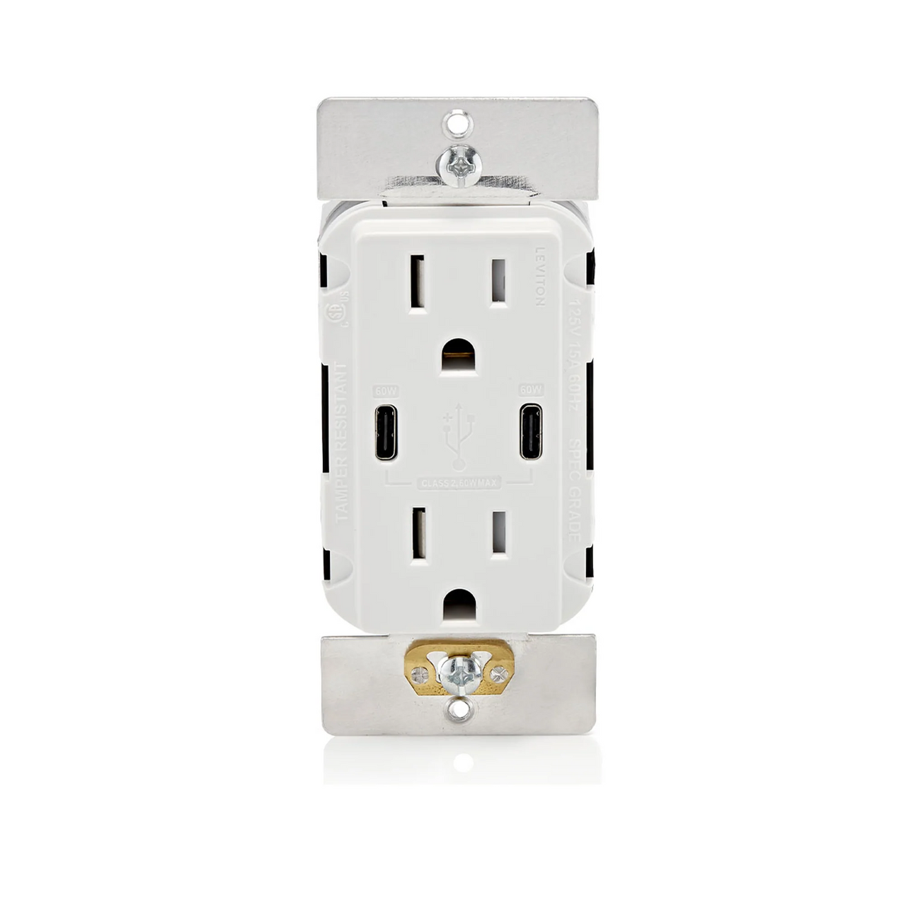 Leviton T5636 60W Dual USB-C with Power Delivery (PD) In-Wall Charger with 15 Amp, 125 Volt Tamper-Resistant Outlet