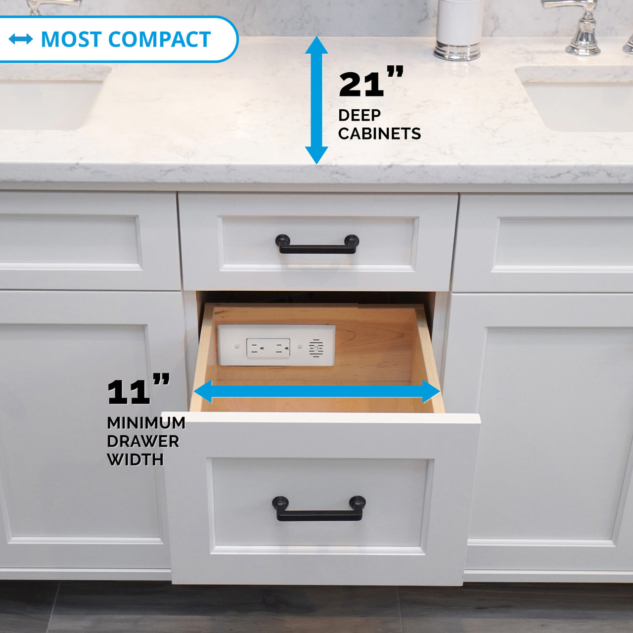 compact outlets for bathroom drawers as narrow as 11 inches