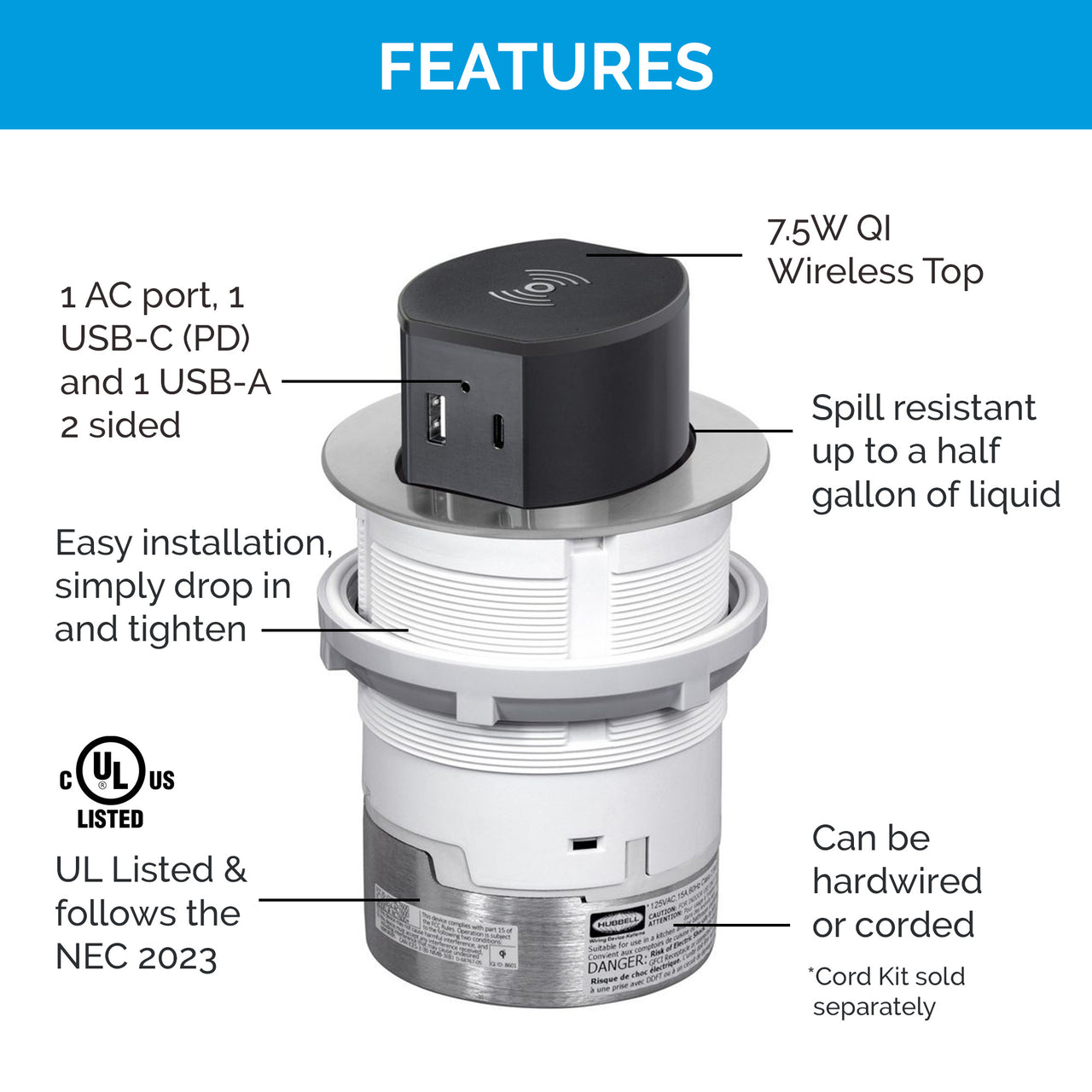 20 Amp Tri-Power Countertop Pop-Up Power Outlet by Hubbell – Docking Drawer